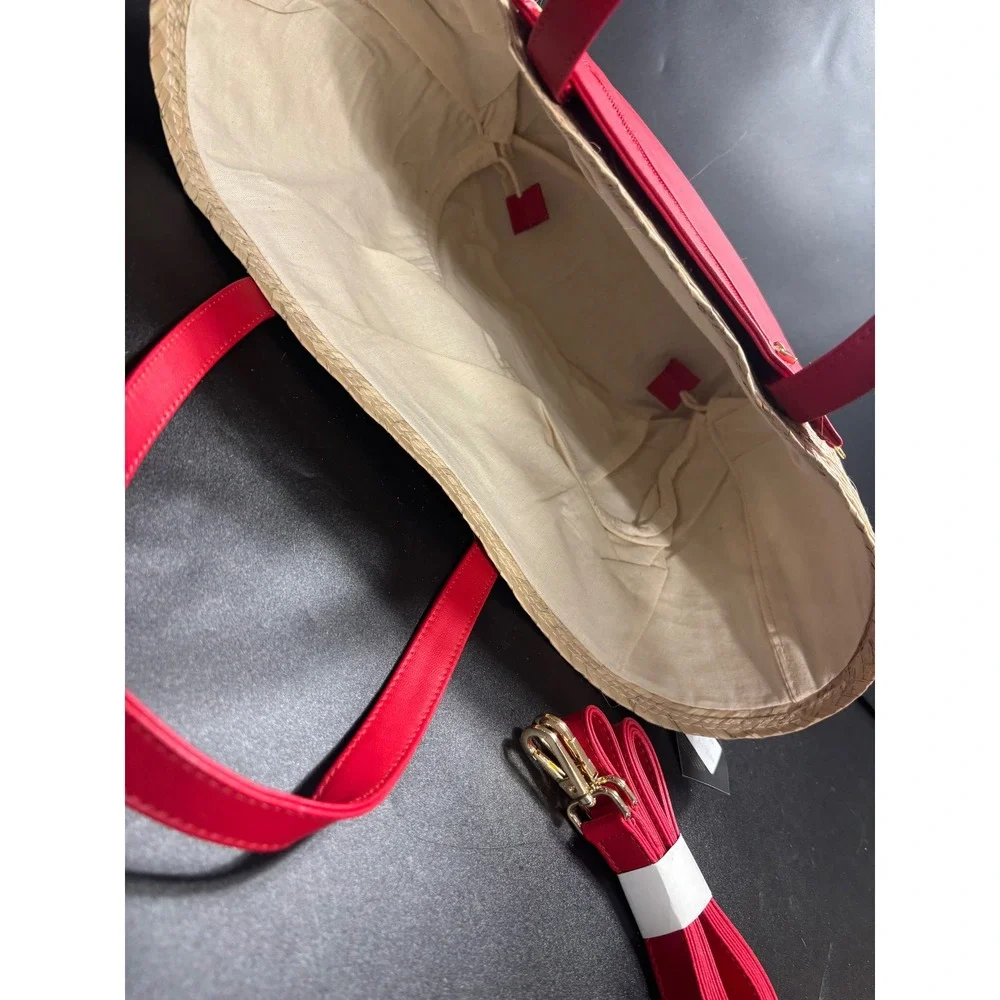 By Del Rio Straw Tote Bag Red‎ Faux Leather Trim Crossbody Strap NWT 00-157